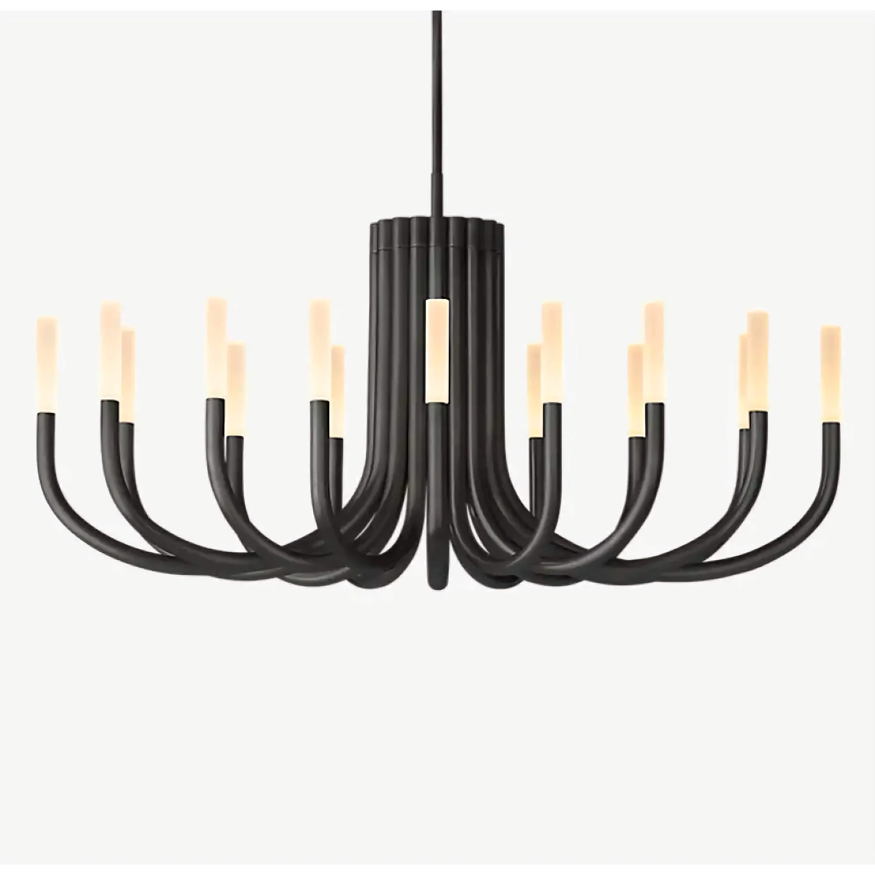 Sweeping curved copper arms with frosted glass tips glowing warm and glare-free