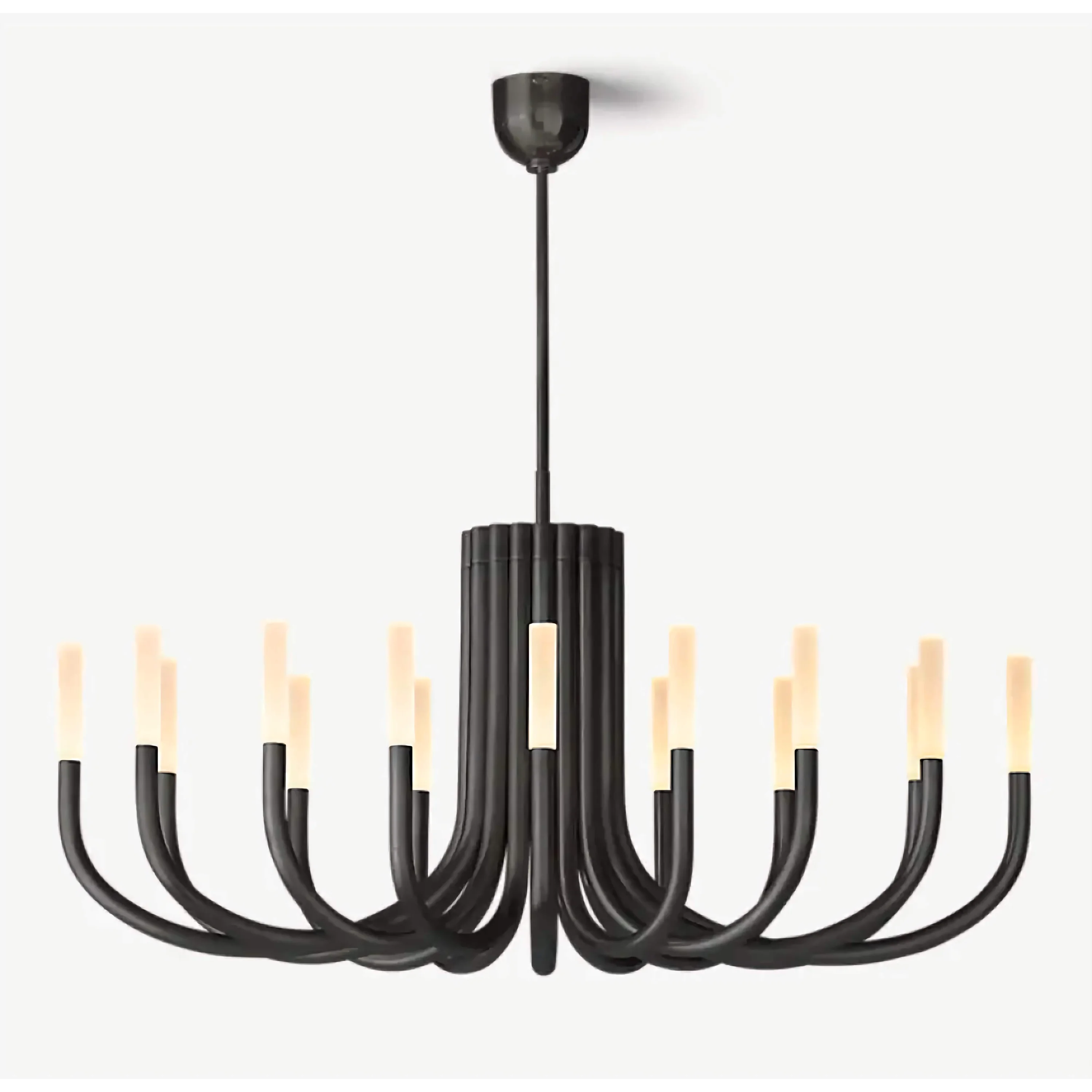 Grand 16-light copper candelabra chandelier with frosted glass caps over a great room
