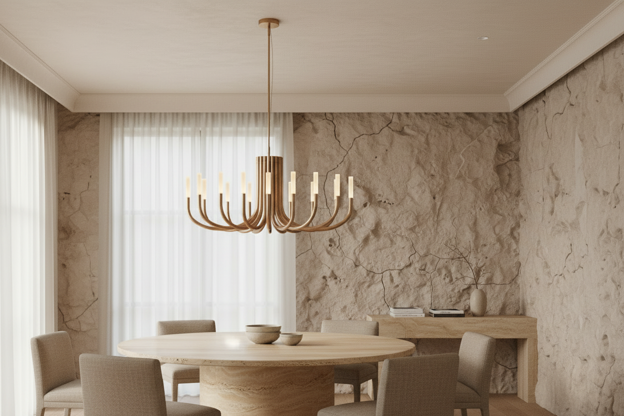 Grand copper candelabra chandelier glowing warm