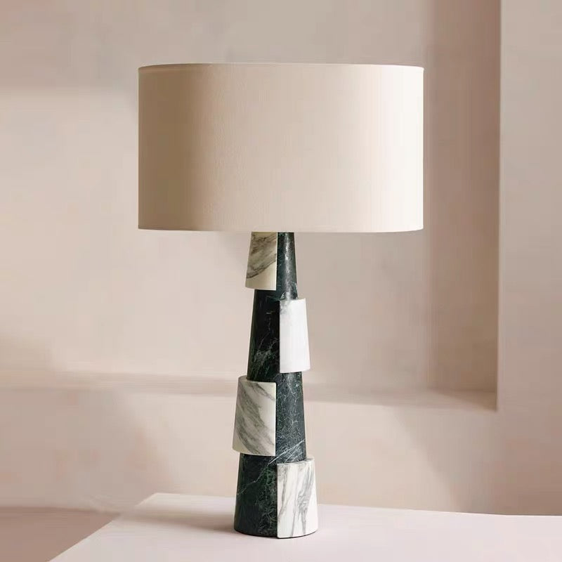 Art Deco Green Marble Table Lamp with Linen Shade | Modern for Console Living Room Bedroom