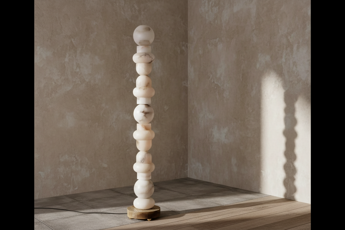 Genuine Alabaster Totem Floor Lamp | Glowing Stone Column Dimmable Option Narrow 28cm Profile 2700k Casalola Lights