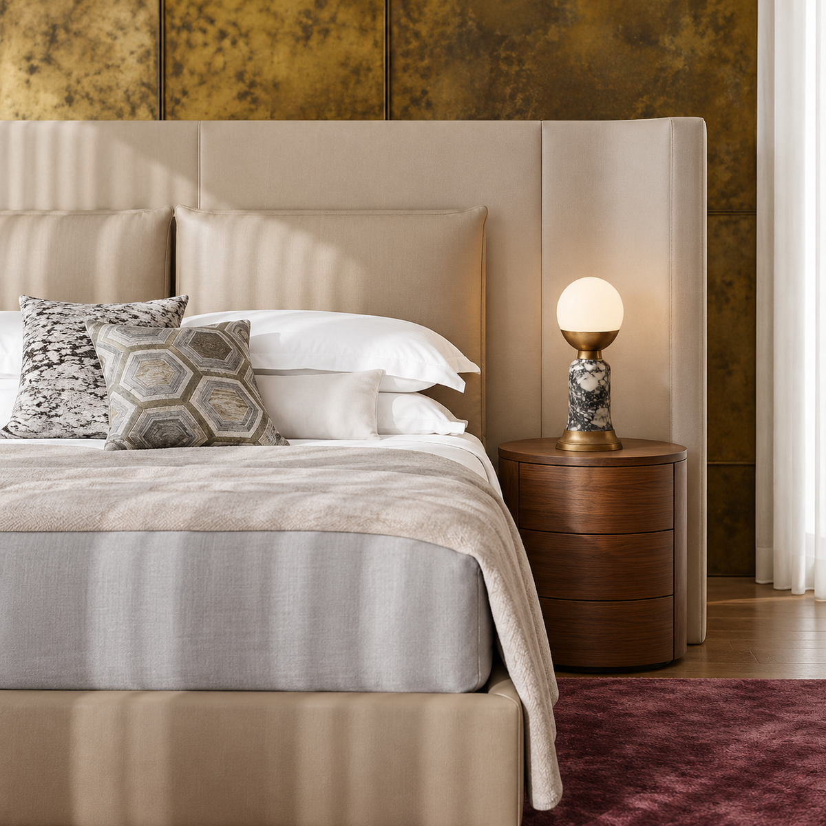Grey Marble Table Lamp on a walnut bedside table.