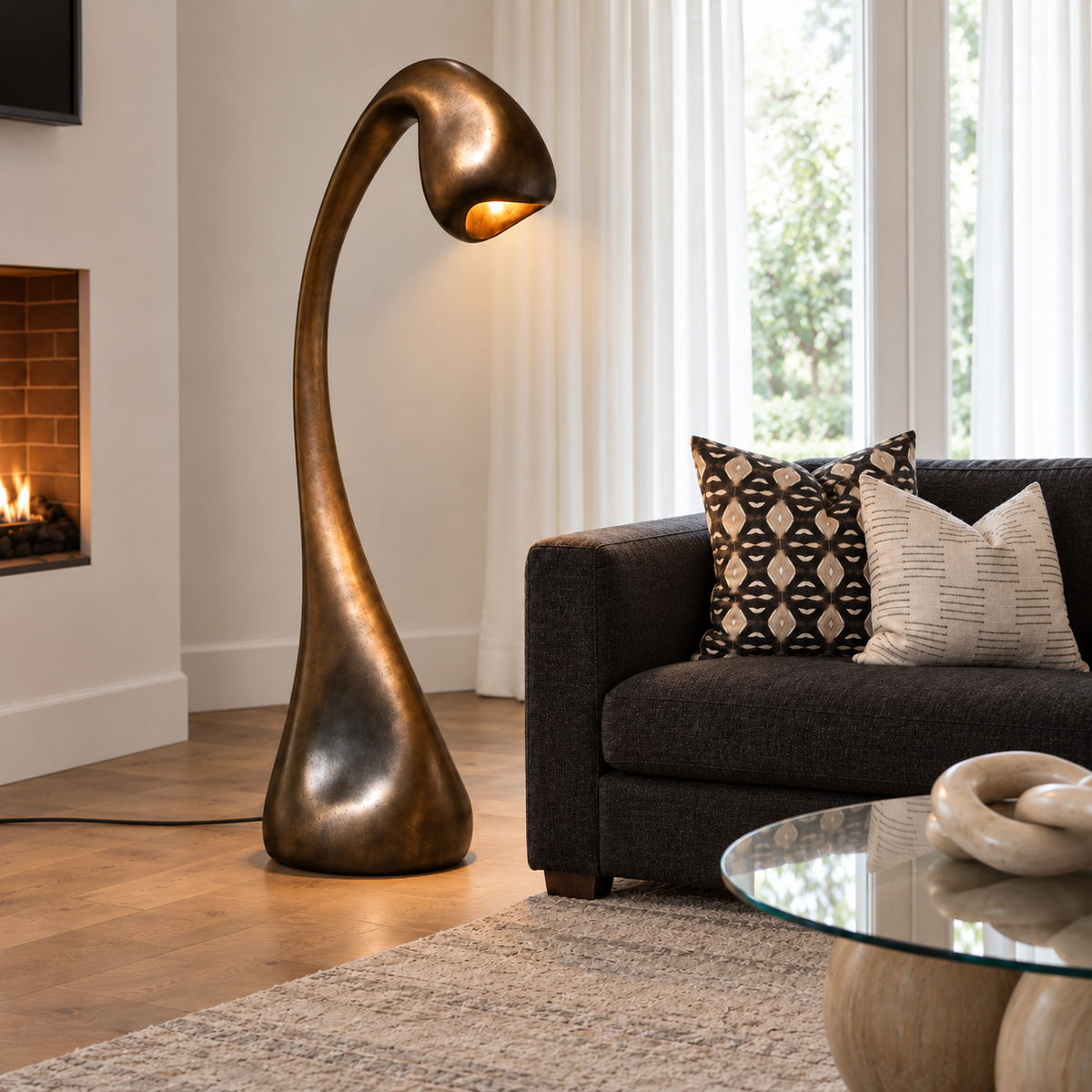 Hadrian Arc floor lamp beside a dark sofa and linen curtains in a daylight living room.
