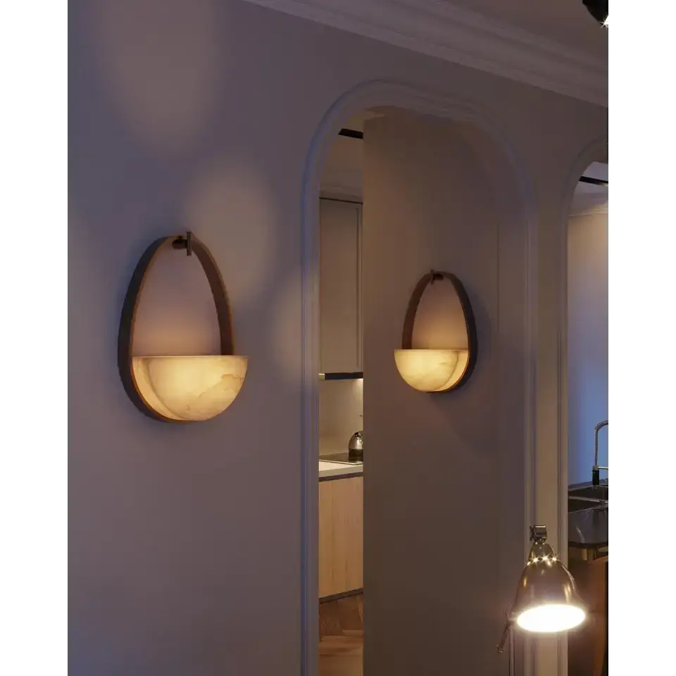 Alabaster Half-moon Wall Sconce – Antique Bronze & Marble - Sconces