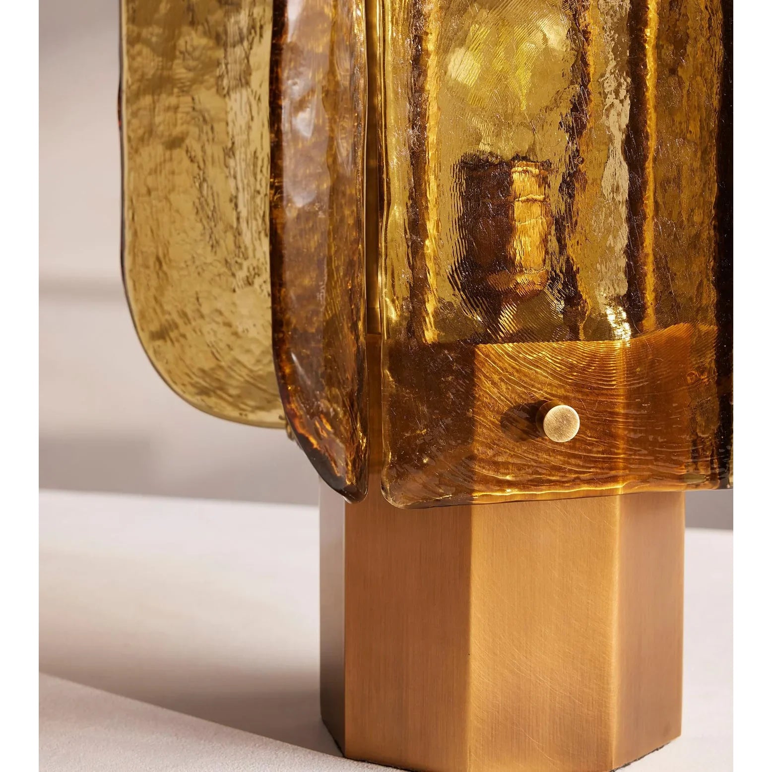 Hand Blown Amber Glass Table Lamp | Sculptural Brass Accent