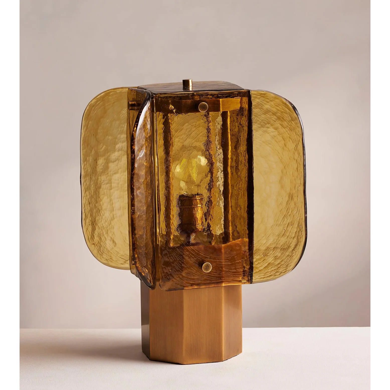 Hand Blown Amber Glass Table Lamp | Sculptural Brass Accent