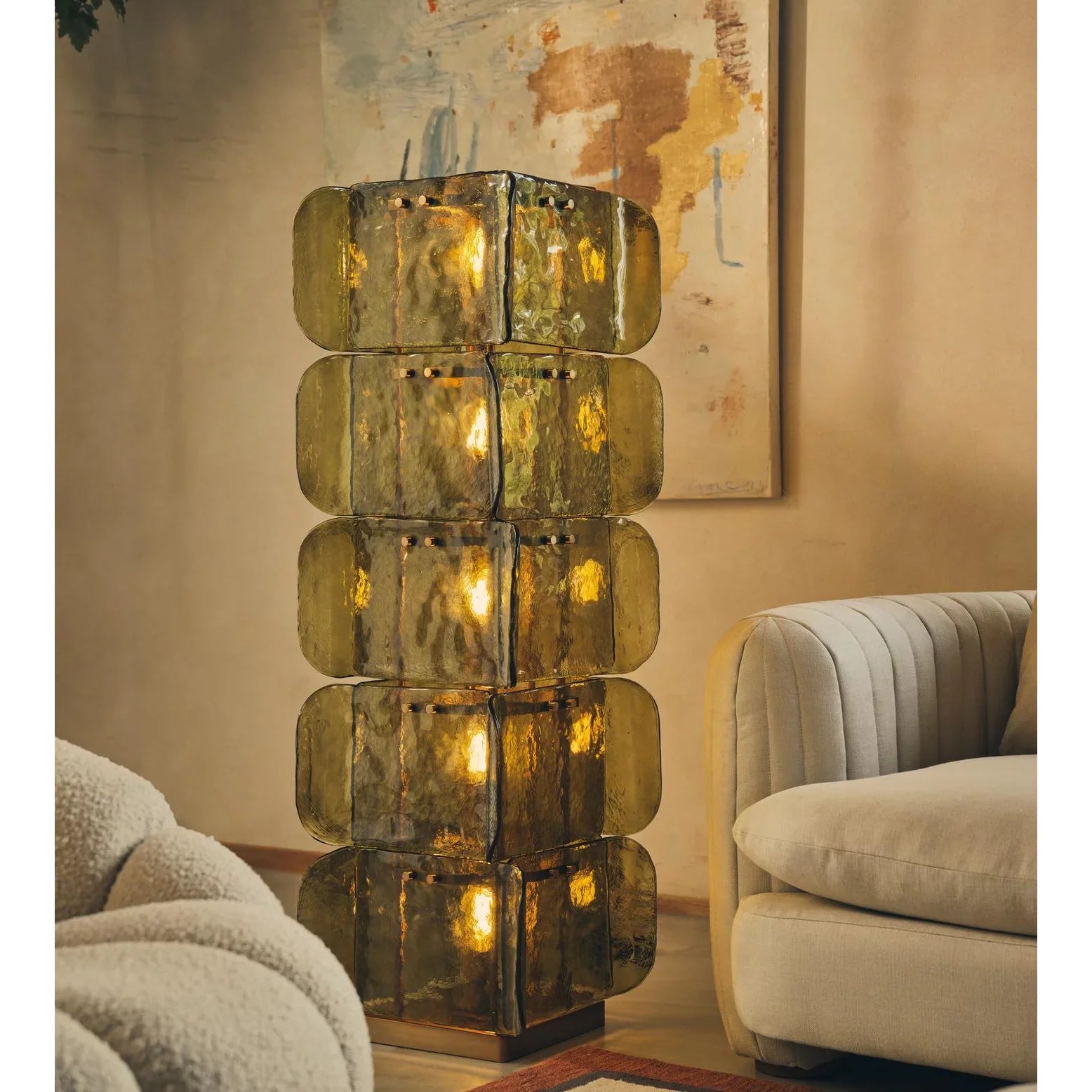 Living Room Hand Blown Olive Glass Totem Floor Lamp – Mid Century Modern Statement Lighting Warm Diffused Glow