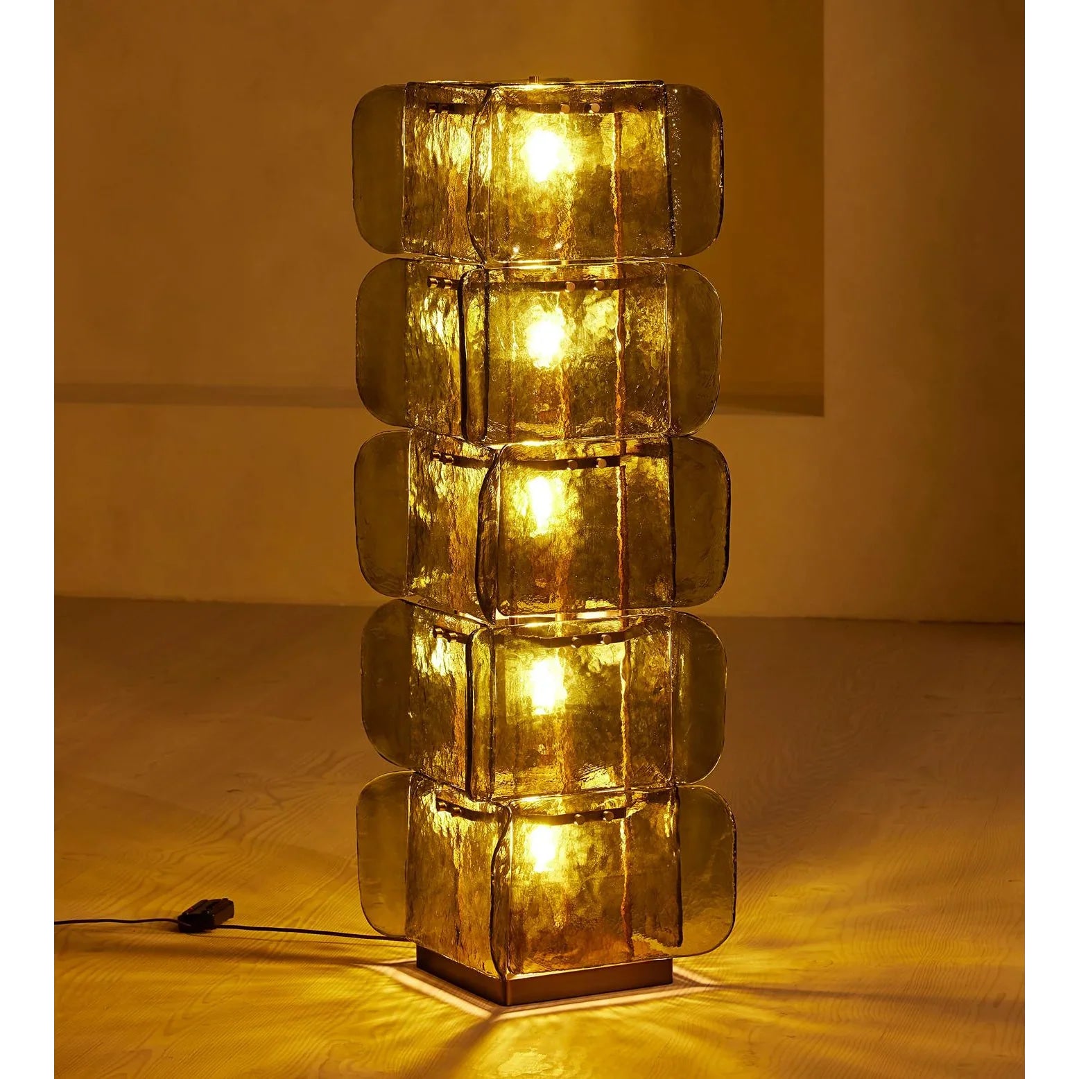 Living Room Hand Blown Olive Glass Totem Floor Lamp – Mid Century Modern Statement Lighting Warm Diffused Glow