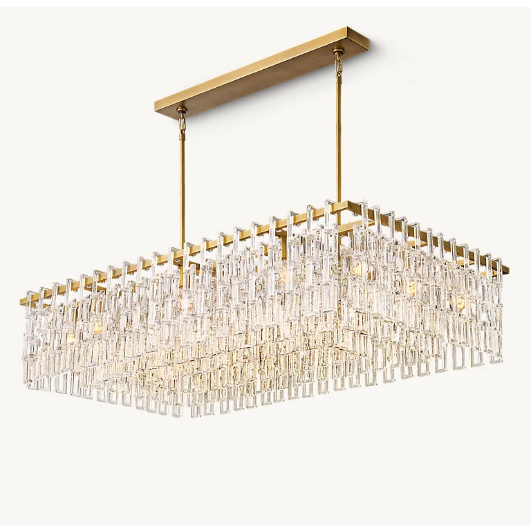 Hand Cut Crystal Rectangular Chandelier | Gold Dimmable Living Fixture