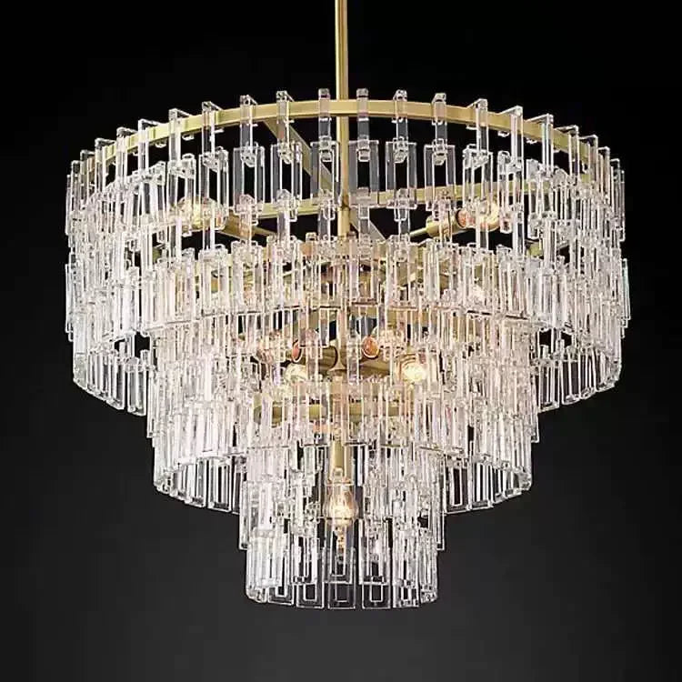 Hand Cut Crystal Tiered Chandelier | New York Atelier Brass Ring | Gold Dimmable Living Fixture