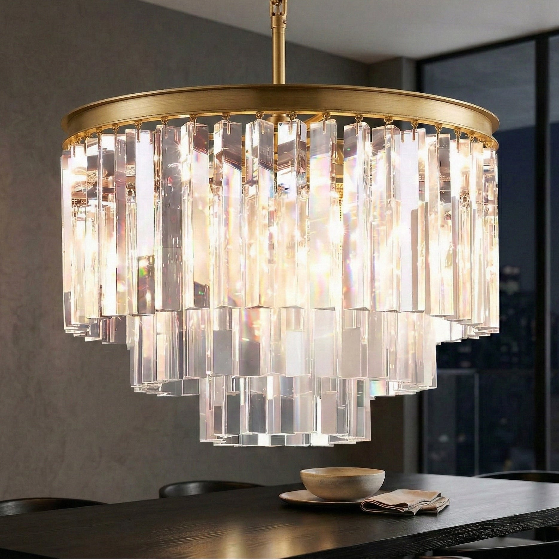 Hand-cut Black Tiered Chandelier | Crystal Brass | Ceiling Light Fixture for Dining Room Casalolalights Luxury Lamps