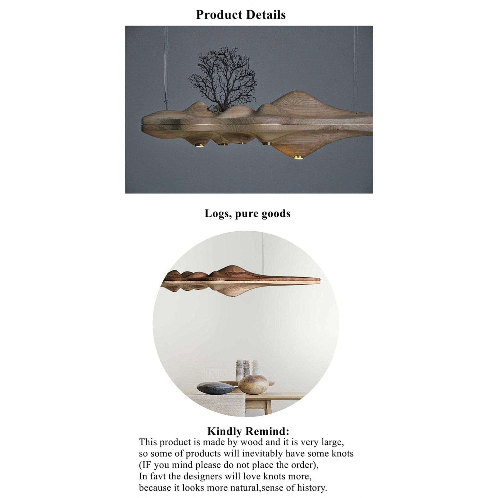 Luxury Wood Ceiling Lamps Handcrafted Solid Log Biophilic Landscape Lighting - Pendant Lamps