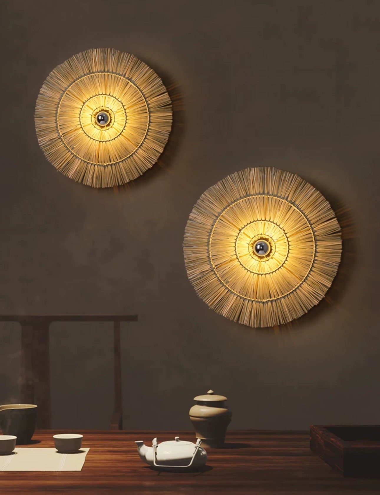 Handmade Straw Wall Lamp - 40 Cm 60 80 Rattan Round Design - Sconces