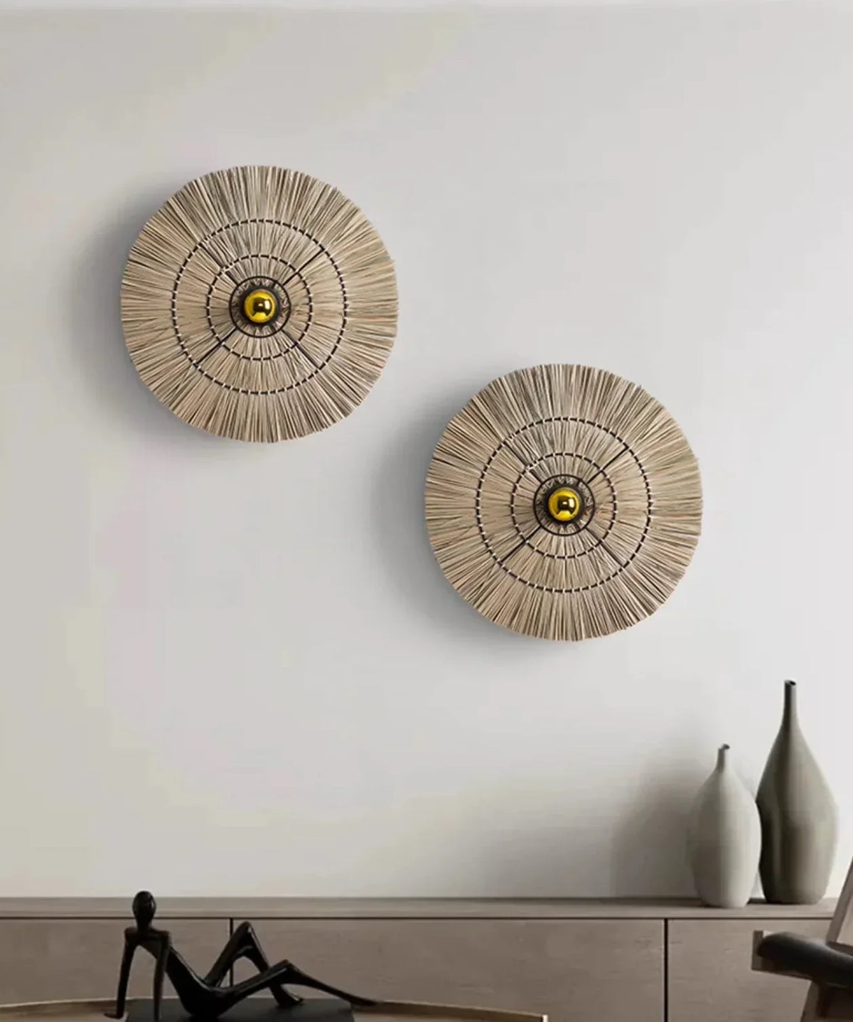 Handwoven Rattan Disc Wall Sconce | 40 60 or 80cm Bedroom Light Boho Style E26/e27 2700k Casalola Lights Luxury Lamps
