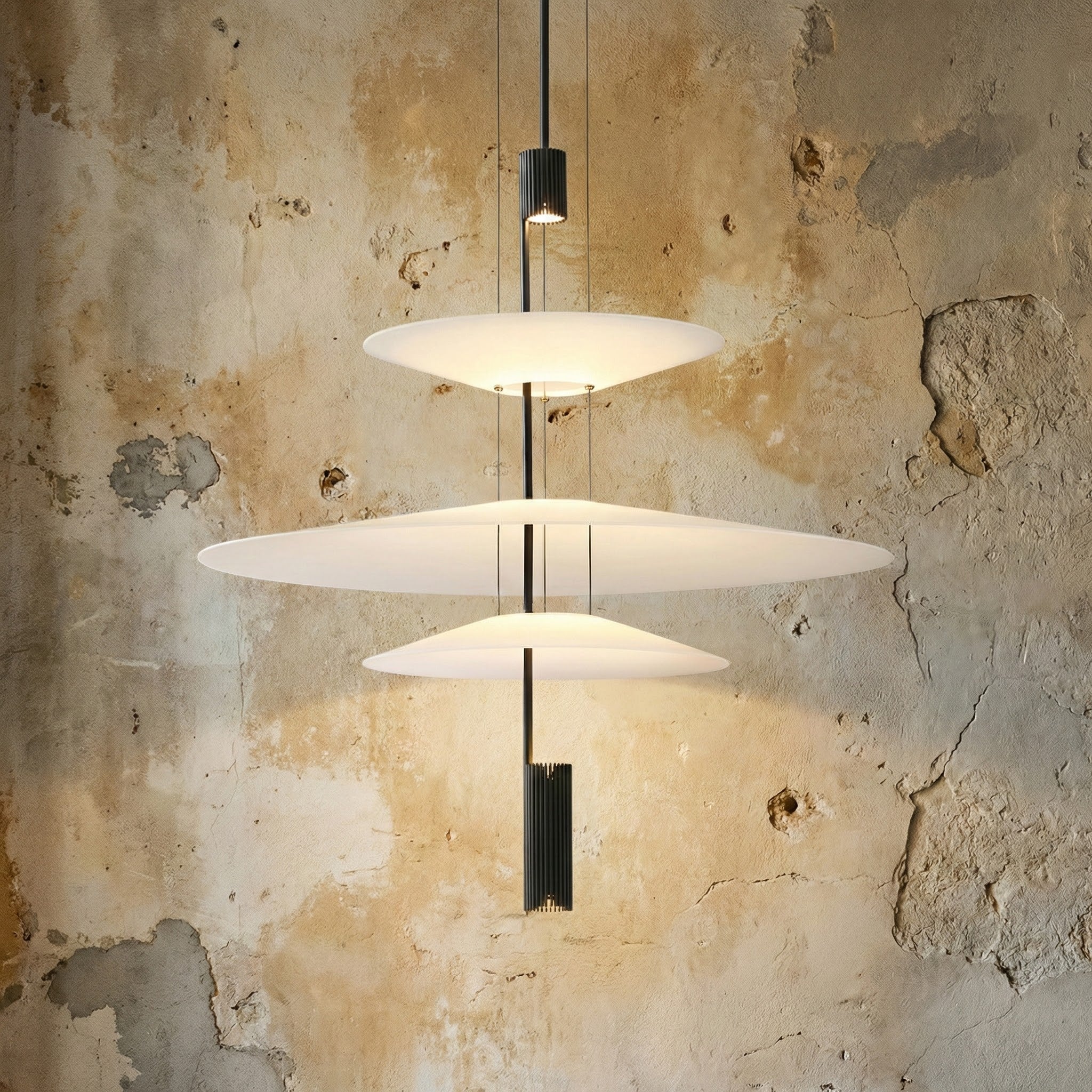 Tiered acrylic disk pendant over a kitchen island