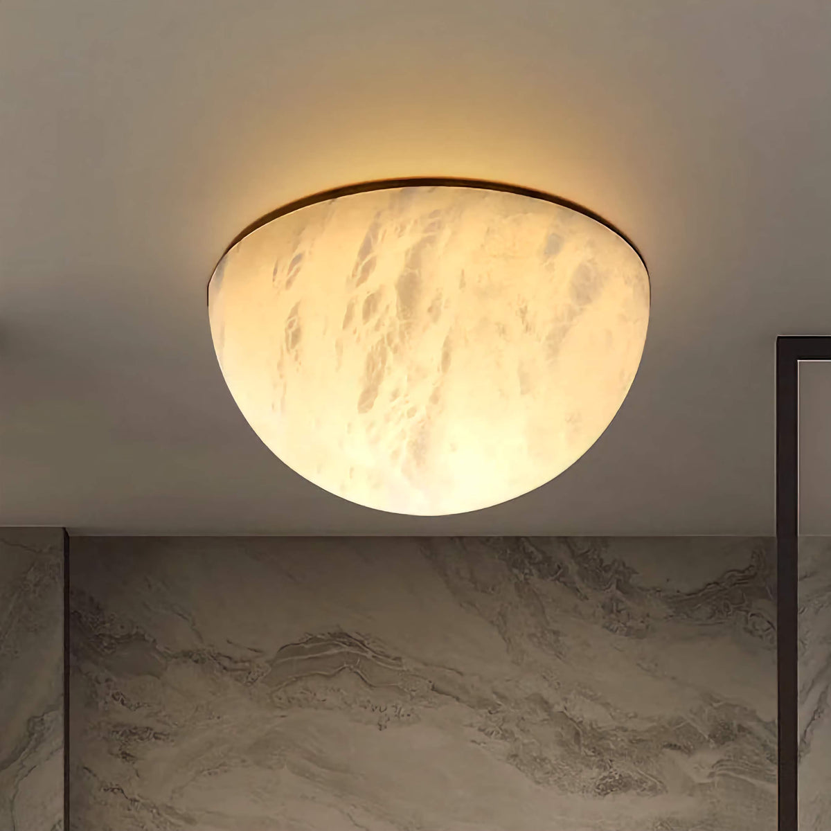 Alabaster Dome Flush Mount Light for Hallway or Bedroom | Small 7.9 9.4 in Honed Stone Brass Base Casalola Lights