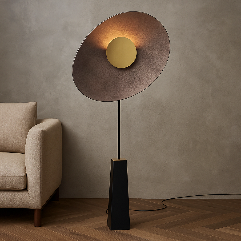 Modern floor lamp with a bronze shade and black base in a room with a beige sofa.