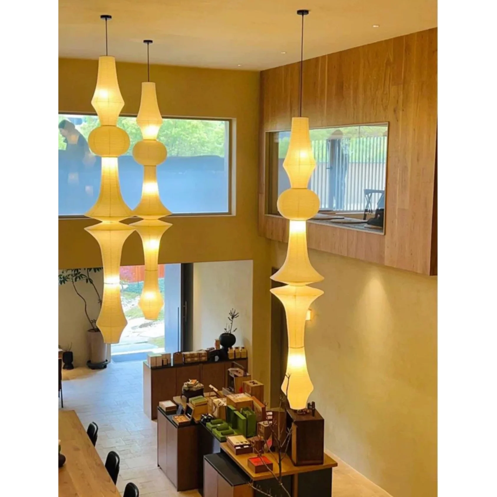 Japandi paper pendant in a hospitality space