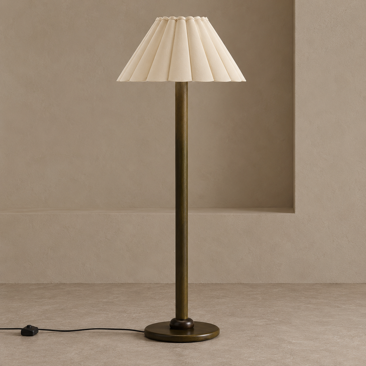 Japandi floor lamp switched off, with a broad ivory pleated shade, dark wood stem and circular base.