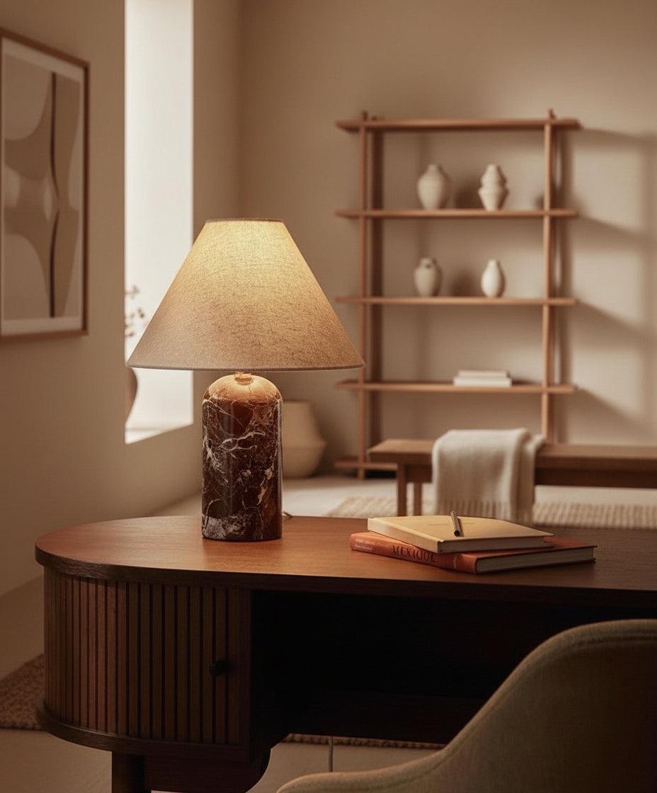 Japandi Red Marble Table Lamp with Linen Shade | Minimalist Bedside Casalolalights Luxury Lamps for Interior Designers