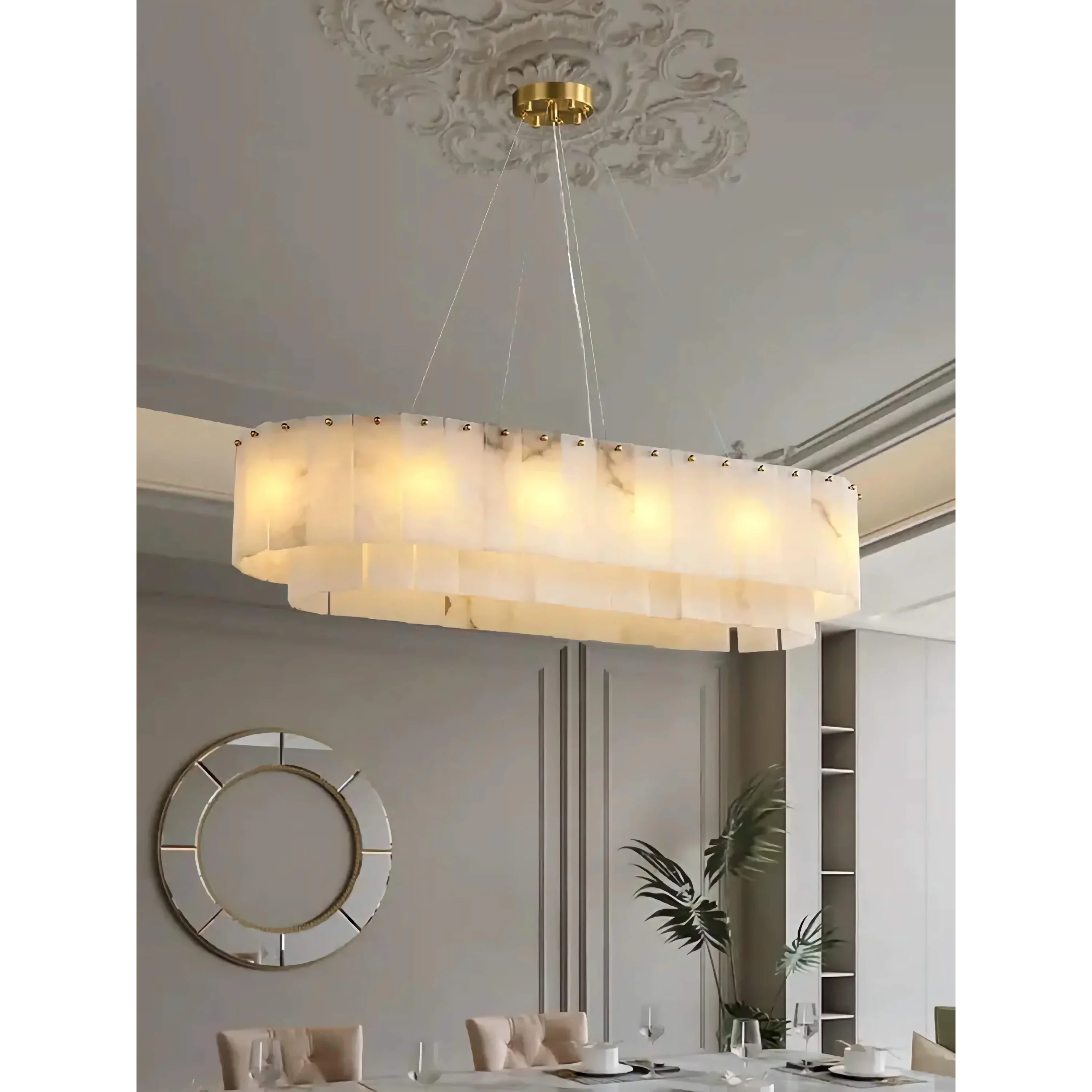 Alabaster Linear Oval Pendant Light Copper – Tiered Stone Chandelier for Dining Room & Kitchen Island Casalolalights