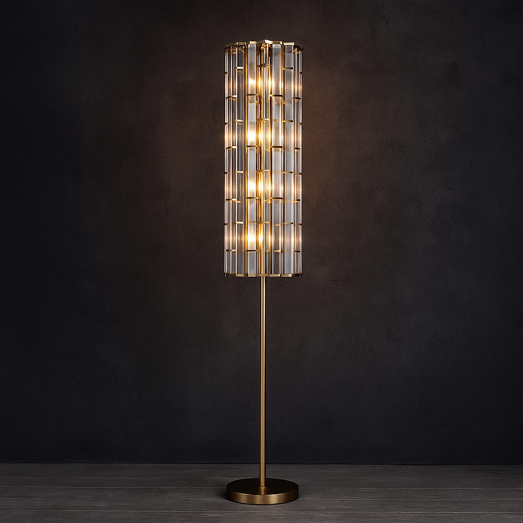 K9 Crystal Rod & Solid Brass Floor Lamp | Modern Art Deco Column | 170cm Tall Luxury Lighting | Casalola Light