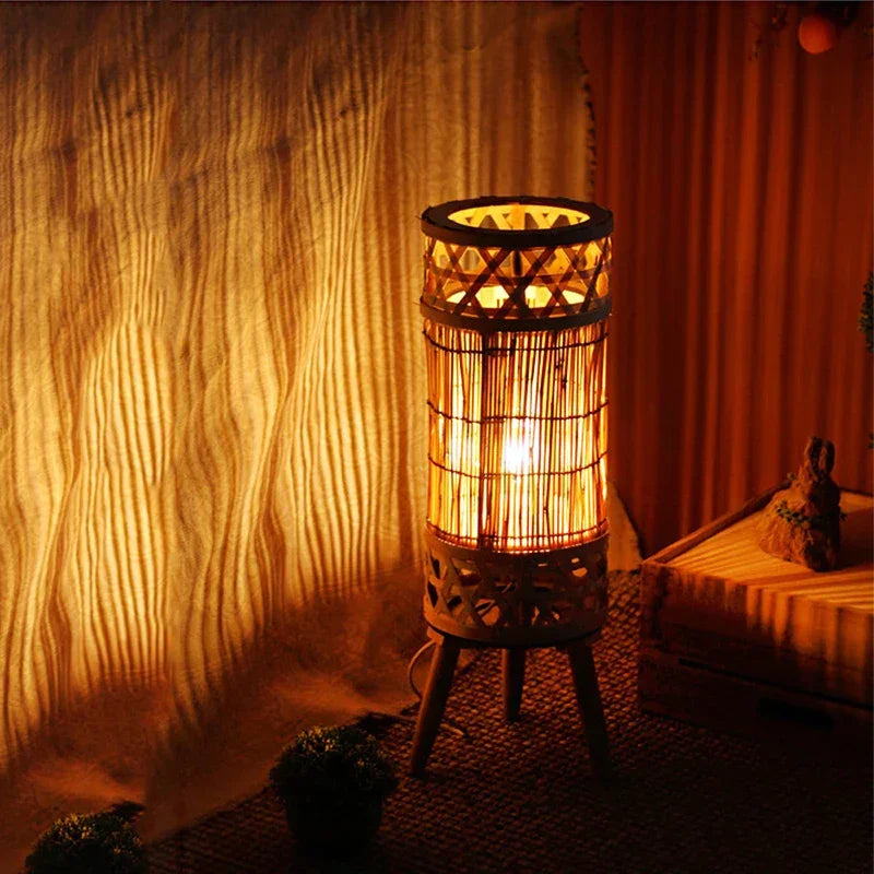 Eco-friendly knitted bamboo lamp glowing warm