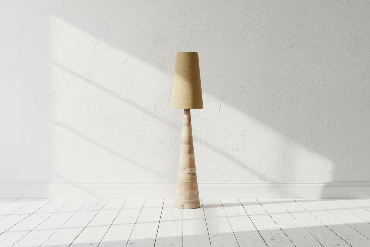 Solid Wood Totem Floor Lamp Conical Base Linen Shade Japandi Wabi Sabi 137cm Casalolalights Luxury Lamps for Interior
