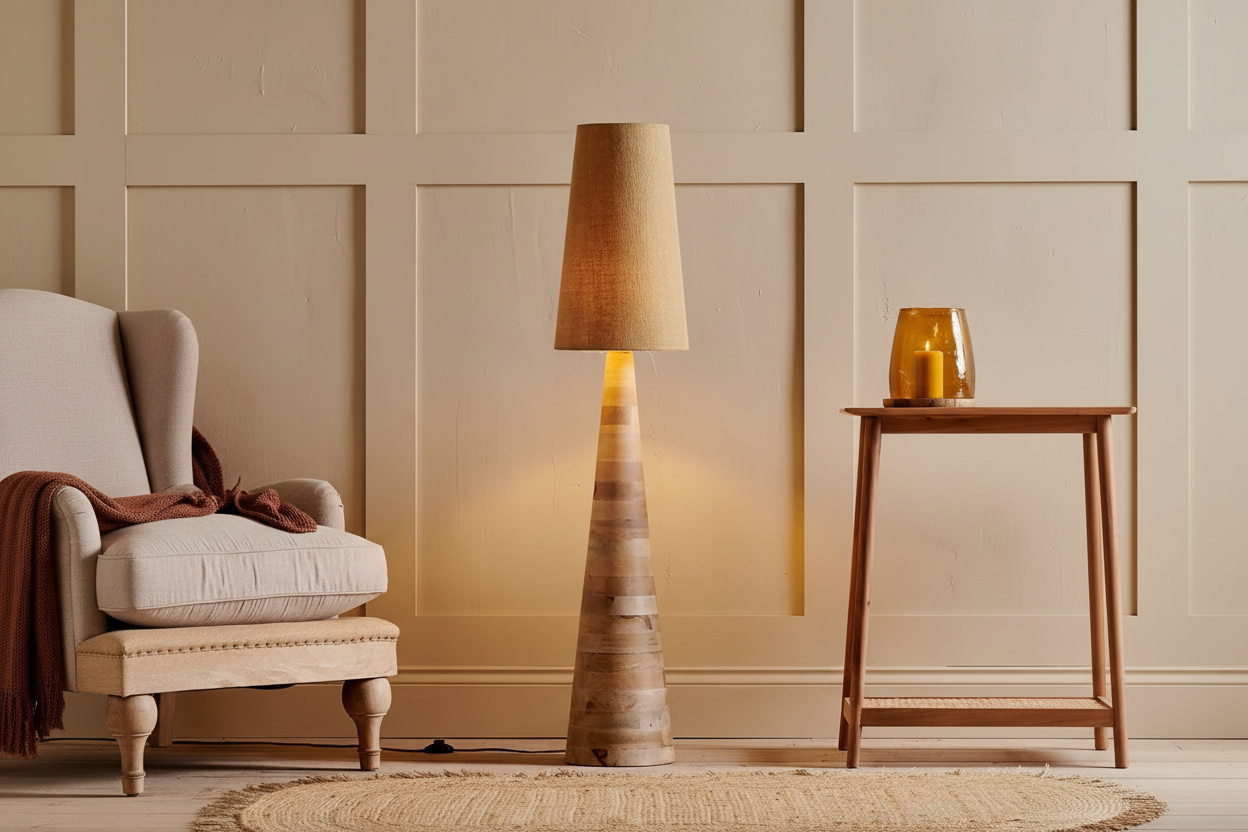 Solid Wood Totem Floor Lamp Conical Base Linen Shade Japandi Wabi Sabi 137cm Casalolalights Luxury Lamps for Interior
