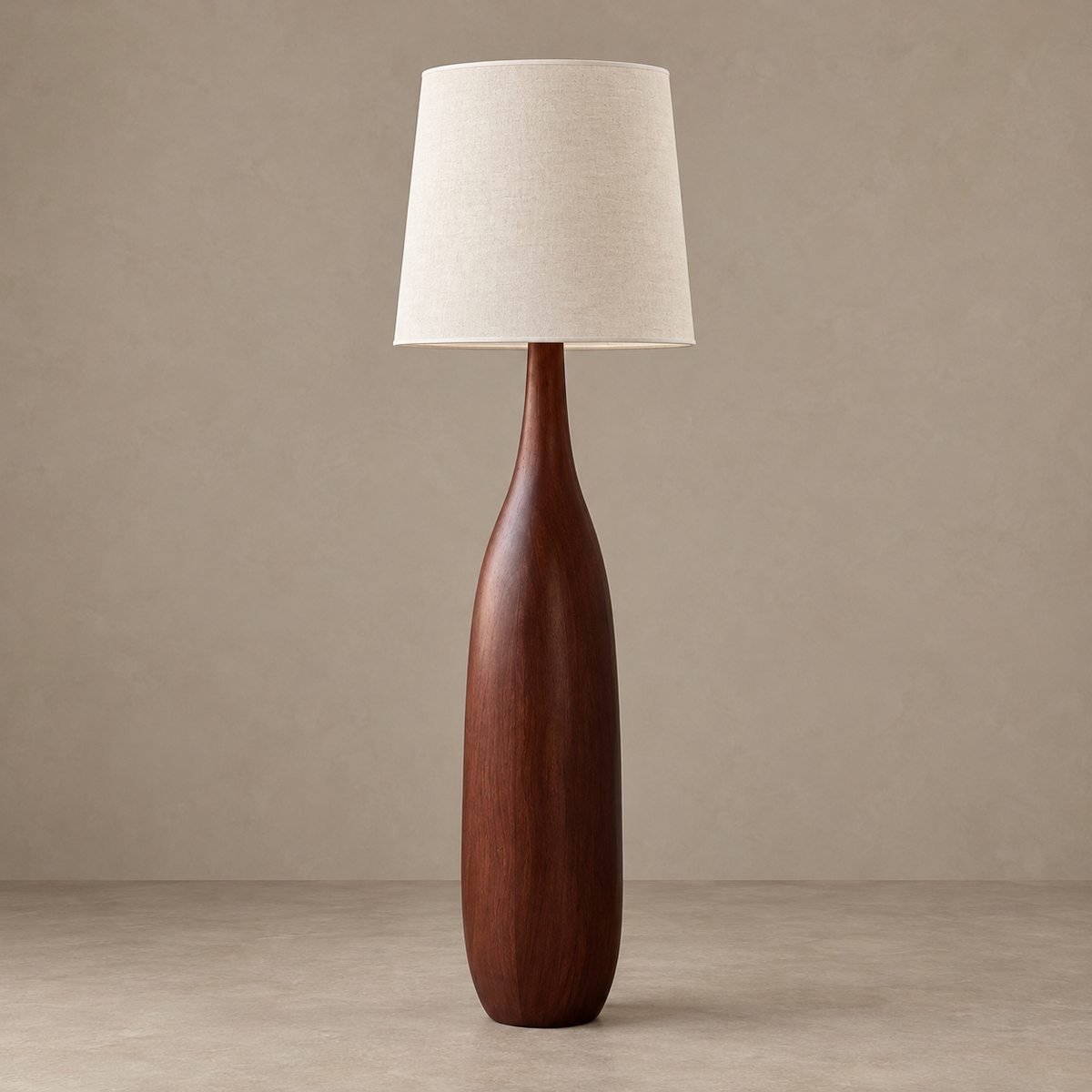 La Quercia CLQUE145 in Walnut, showing its dark bottle-shaped base and unlit linen shade.