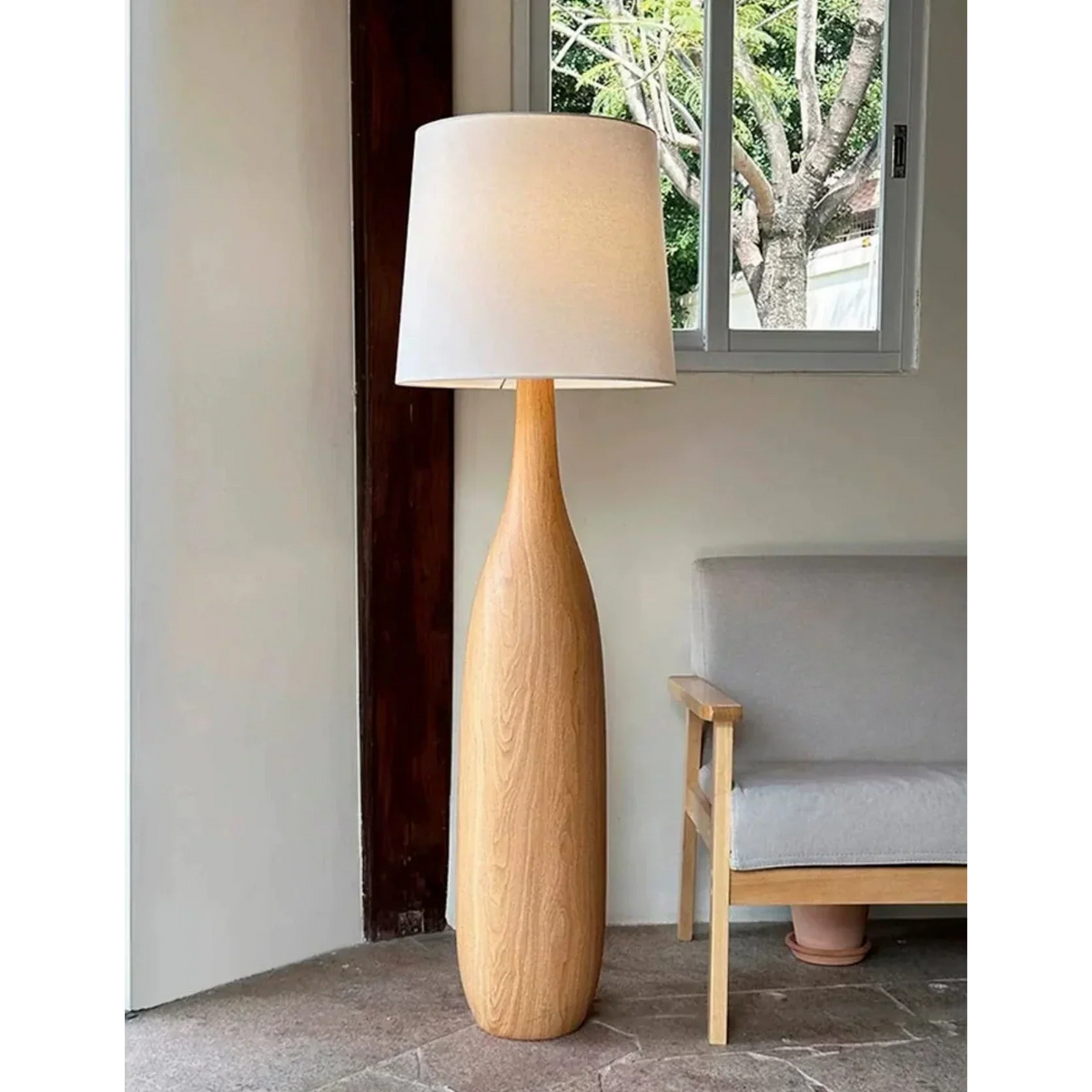 Woodgrain Resin Floor Lamp Linen Shade | 145cm Tall Ash or Walnut E26/e27 Dimmable Option Japandi Casalola Lights
