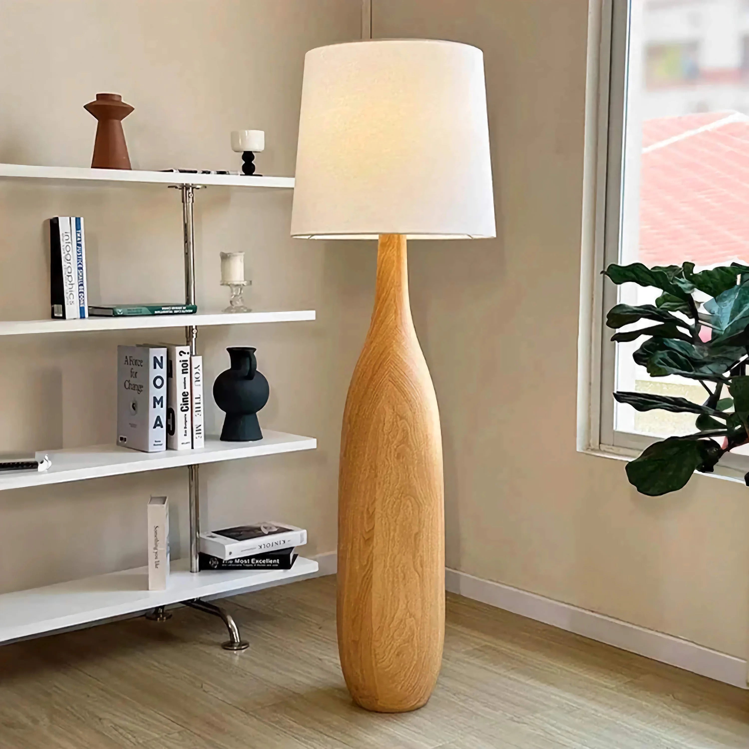 Sculpted Wood Floor Lamp | Japandi Minimalist Linen Shade Casalolalights Luxury Lamps for Interior Designers