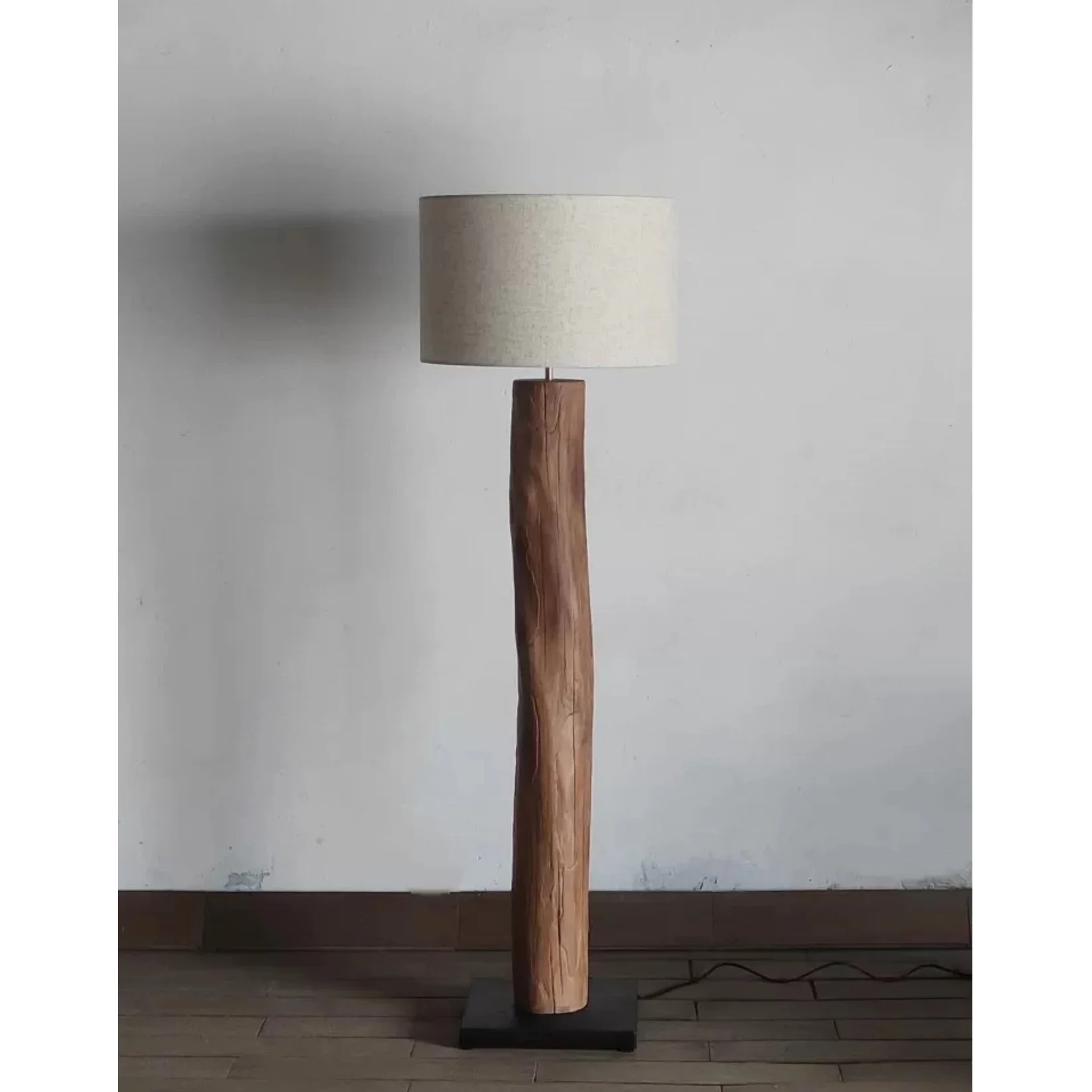 Teak Rustic Floor Lamp | Linen Drum Wood Ul Listed Led Ready Minimalist