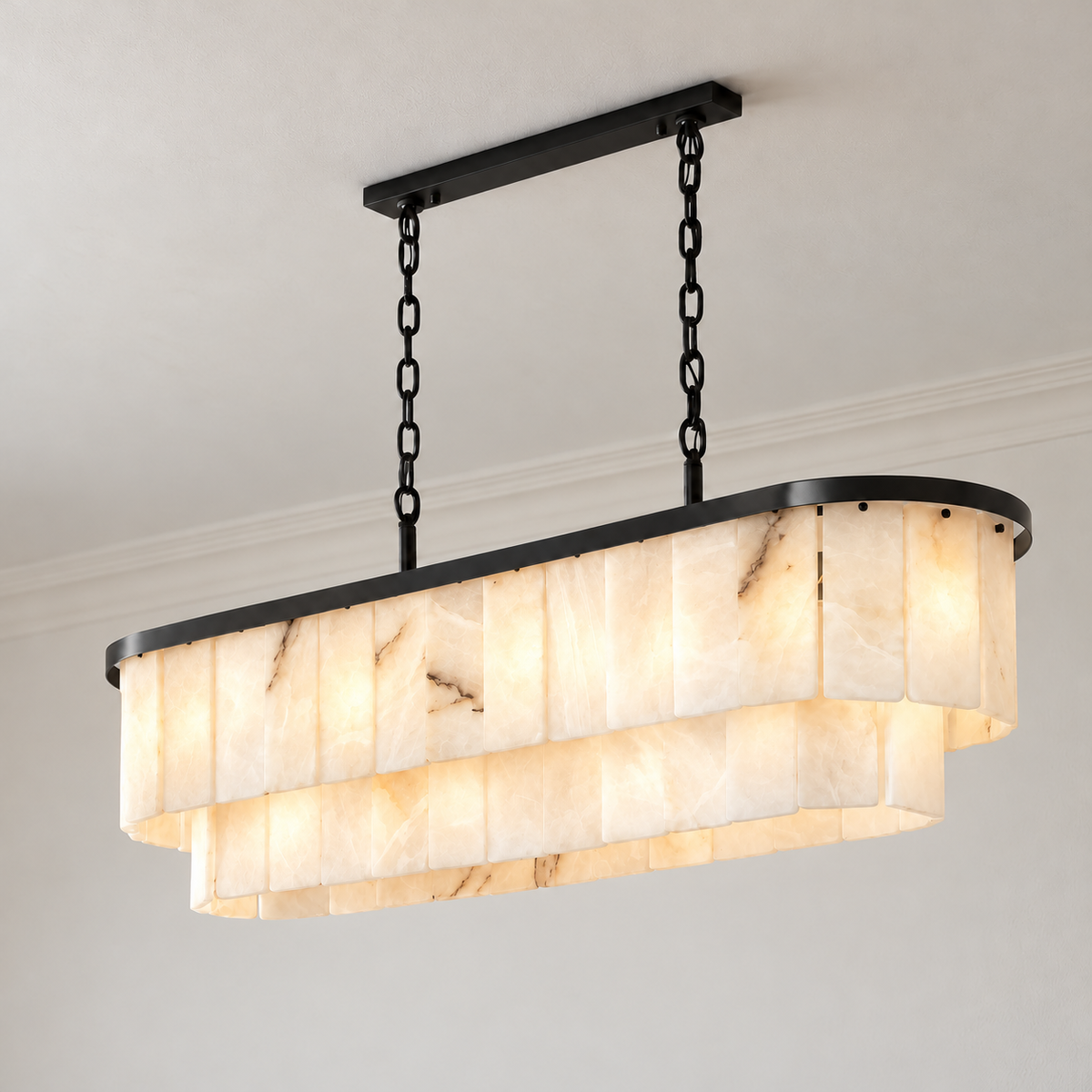 Black linear chandelier with two tiers of natural alabaster panels, illuminated.
