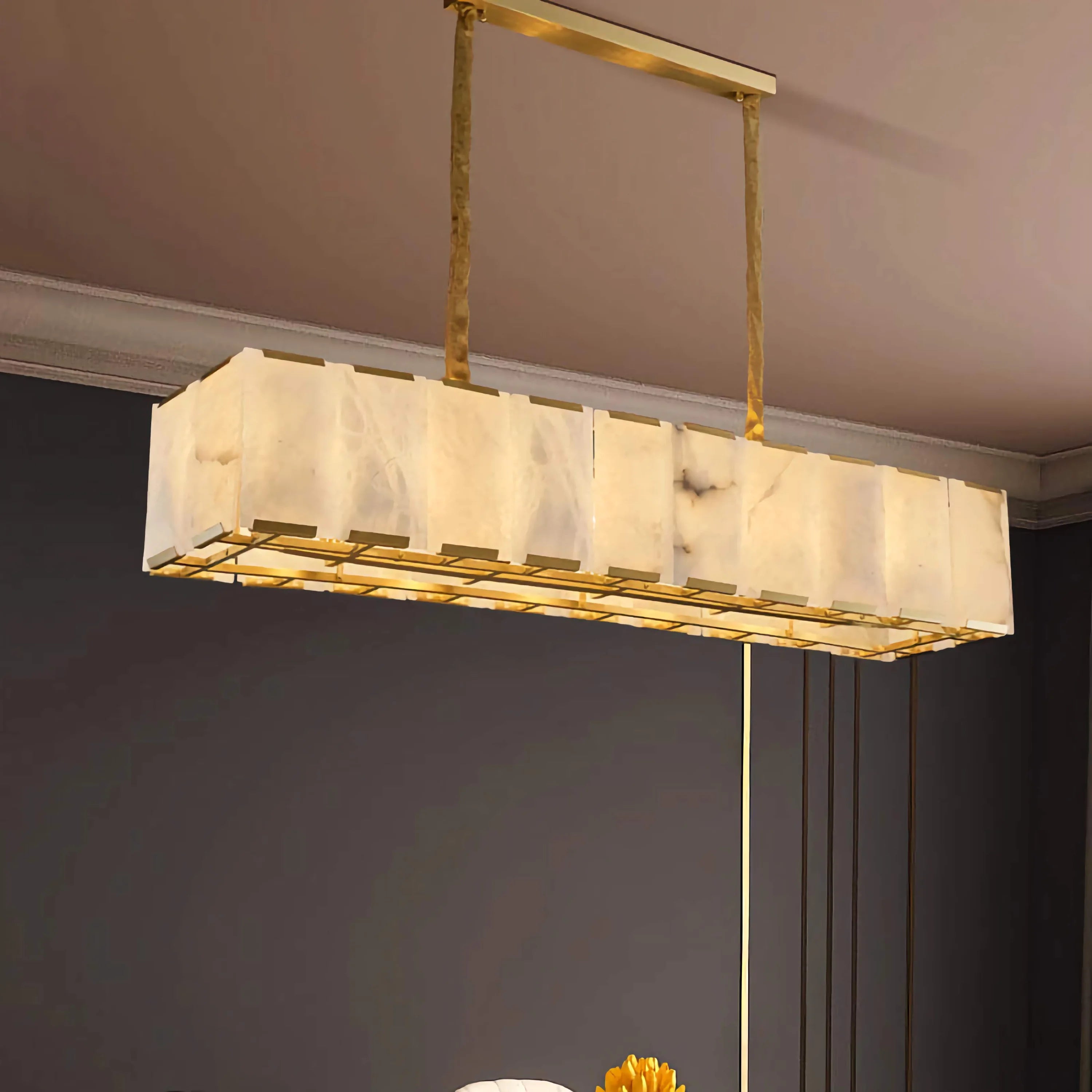Rectangular Alabaster Linear Chandelier | Brass Pendant Lighting for Dining Table or Kitchen Island