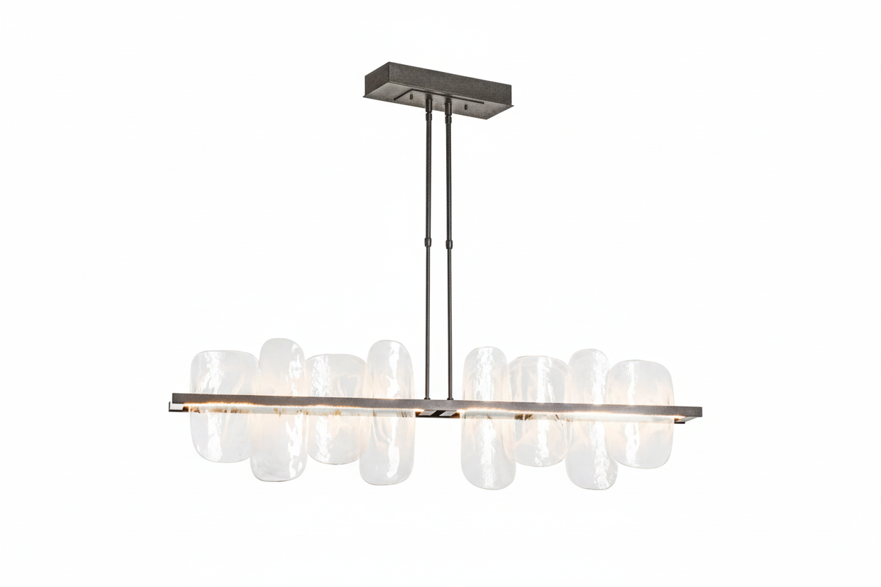 Glass linear chandelier glowing warm