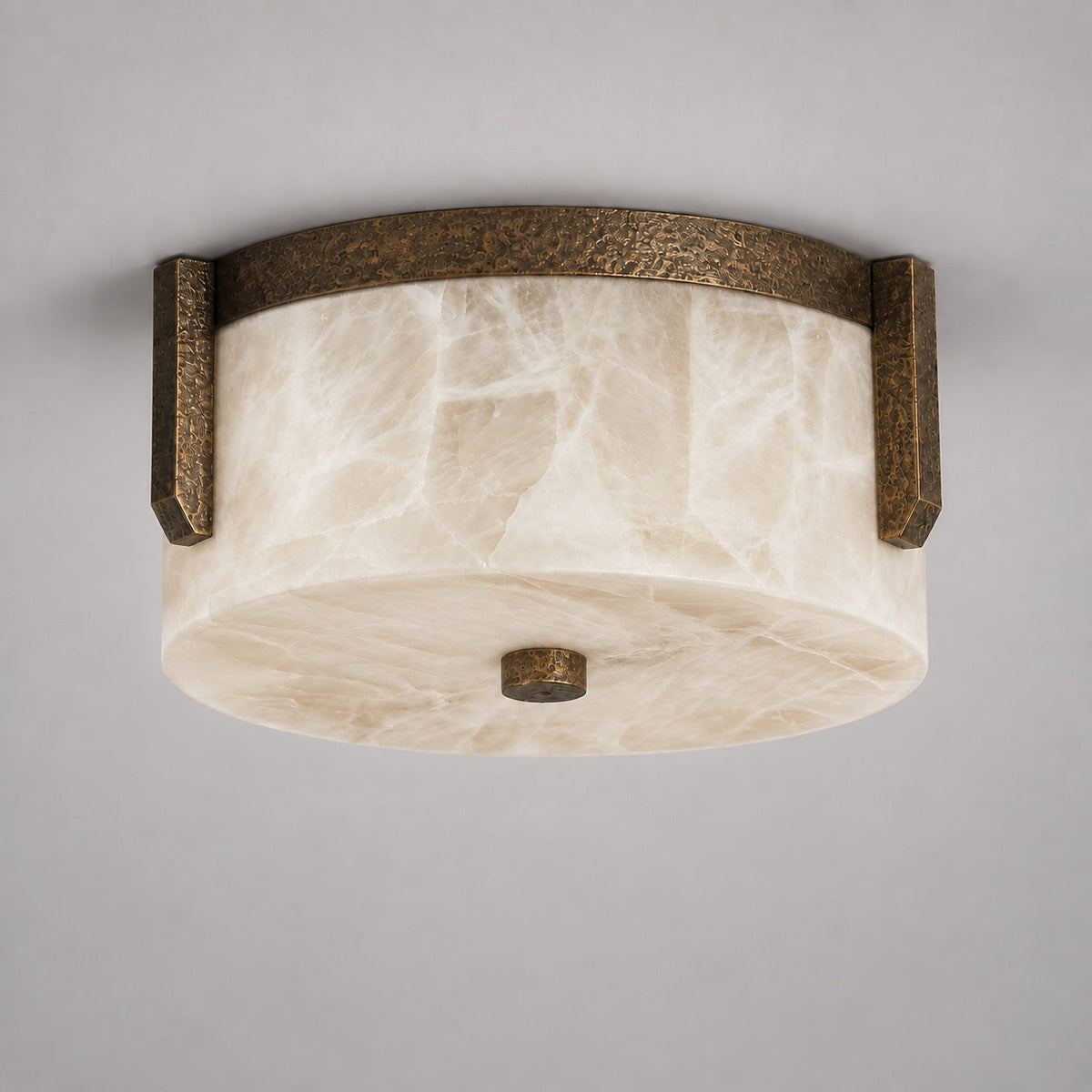 Small alabaster flush mount ceiling light with hammered antique brass detailing, Linnea CLND036-A
