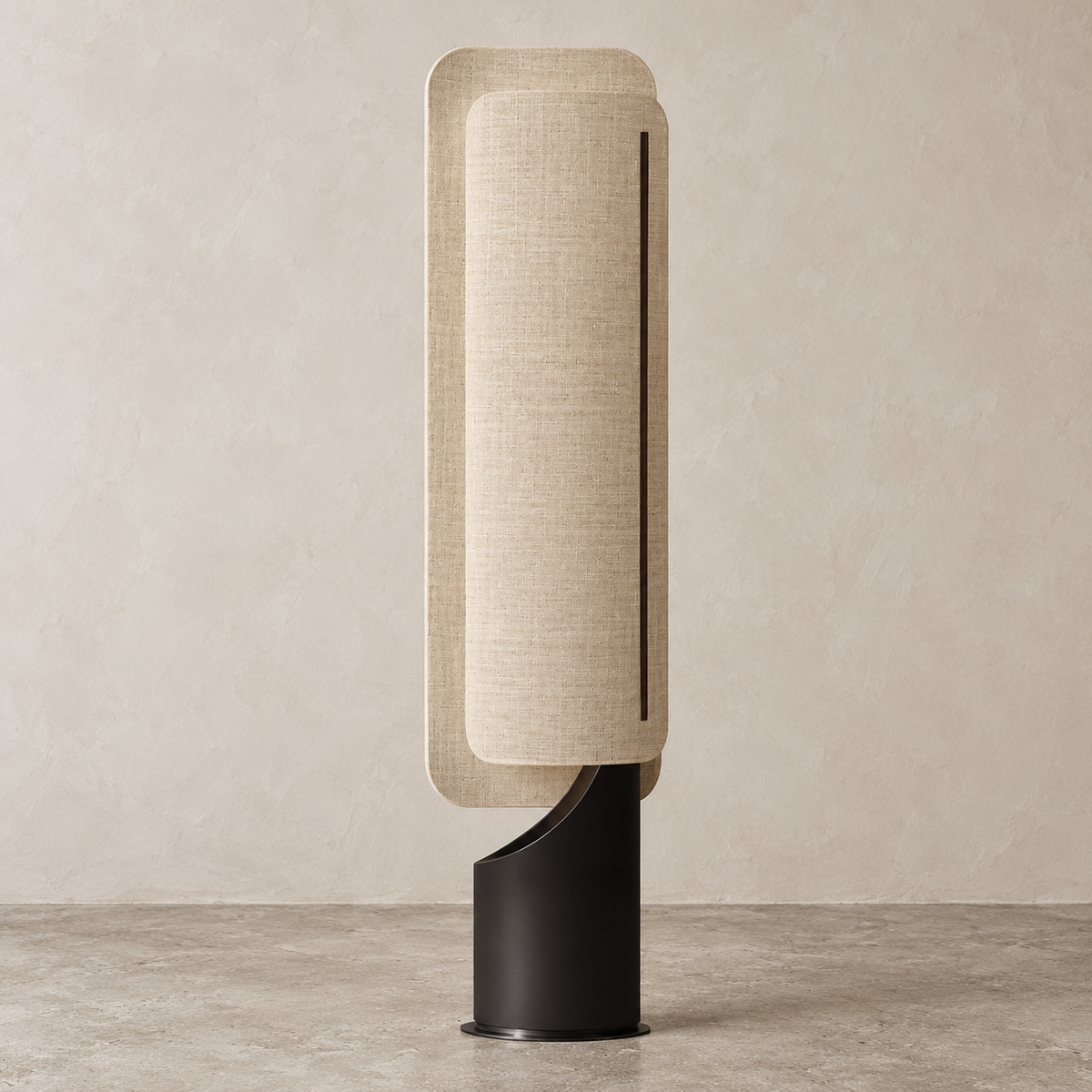 Opposite angle of the Maraki floor lamp, showing the offset linen shade panels.