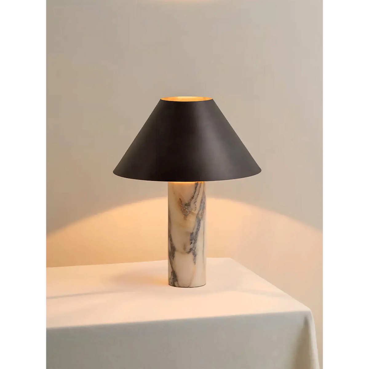 Marble Table Lamp for Bedroom and Office Desk | Small Stone Column Black Steel Shade Dimmable Option Casalola Lights