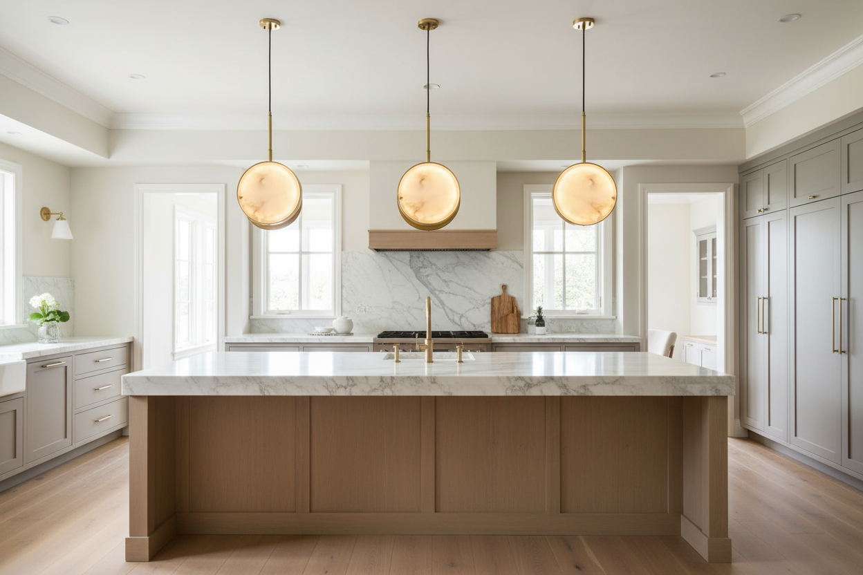 Alabaster and copper pendant in a living room