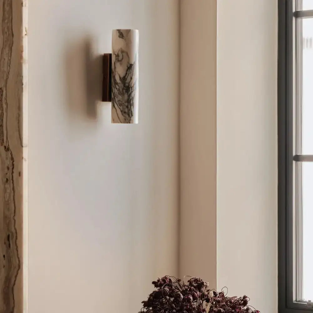 Marble Cylinder Wall Sconce – Brass Mount for Bathroom & Hallway - Sconces