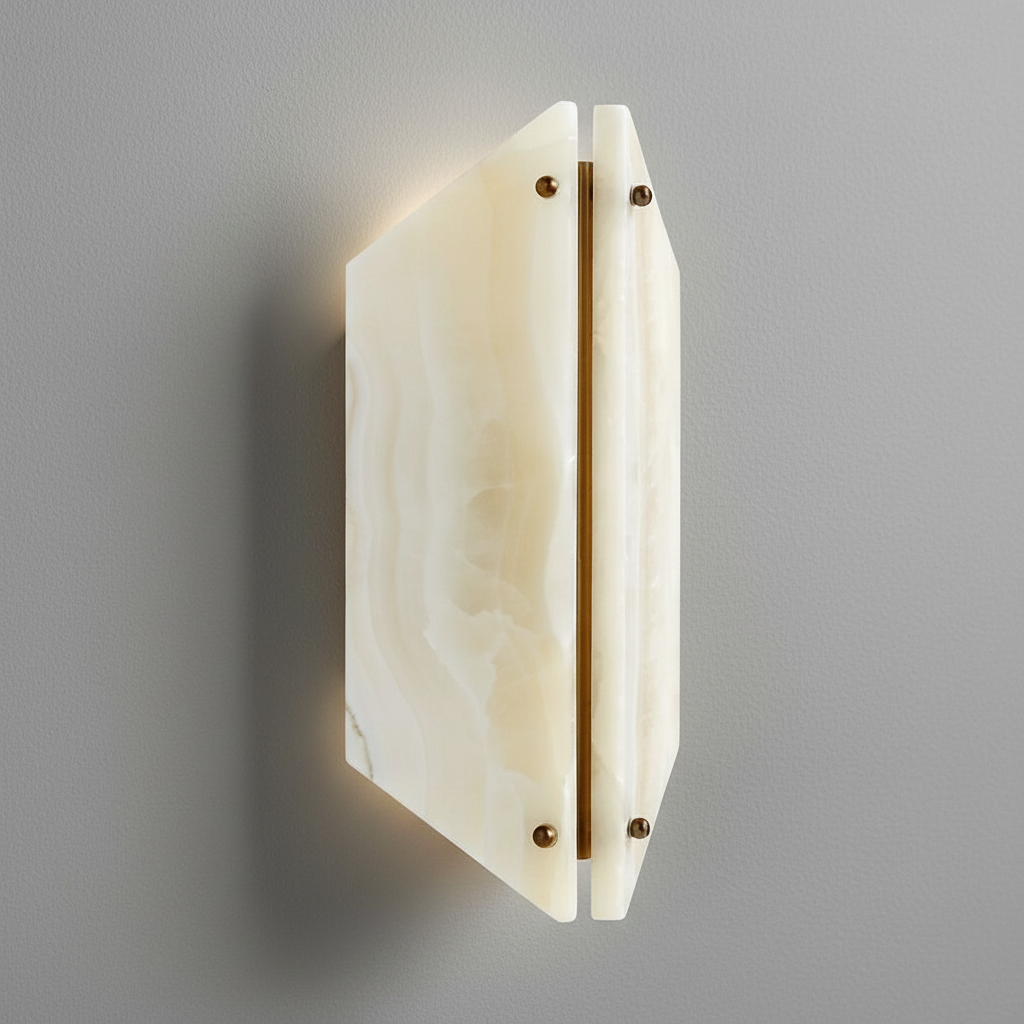 Genuine Onyx Geometric Wall Sconce Brass | Low Profile Hallway Light Backlit Stone 2700k Led Casalola Lights Luxury