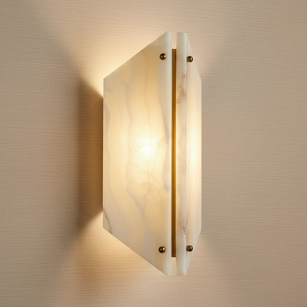 Genuine Onyx Geometric Wall Sconce Brass | Low Profile Hallway Light Backlit Stone 2700k Led Casalola Lights Luxury