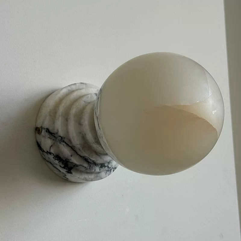 Marble Globe Wall Sconce – 11 Cm Stone & Brass Light for Bedroom Hallway or Vanity