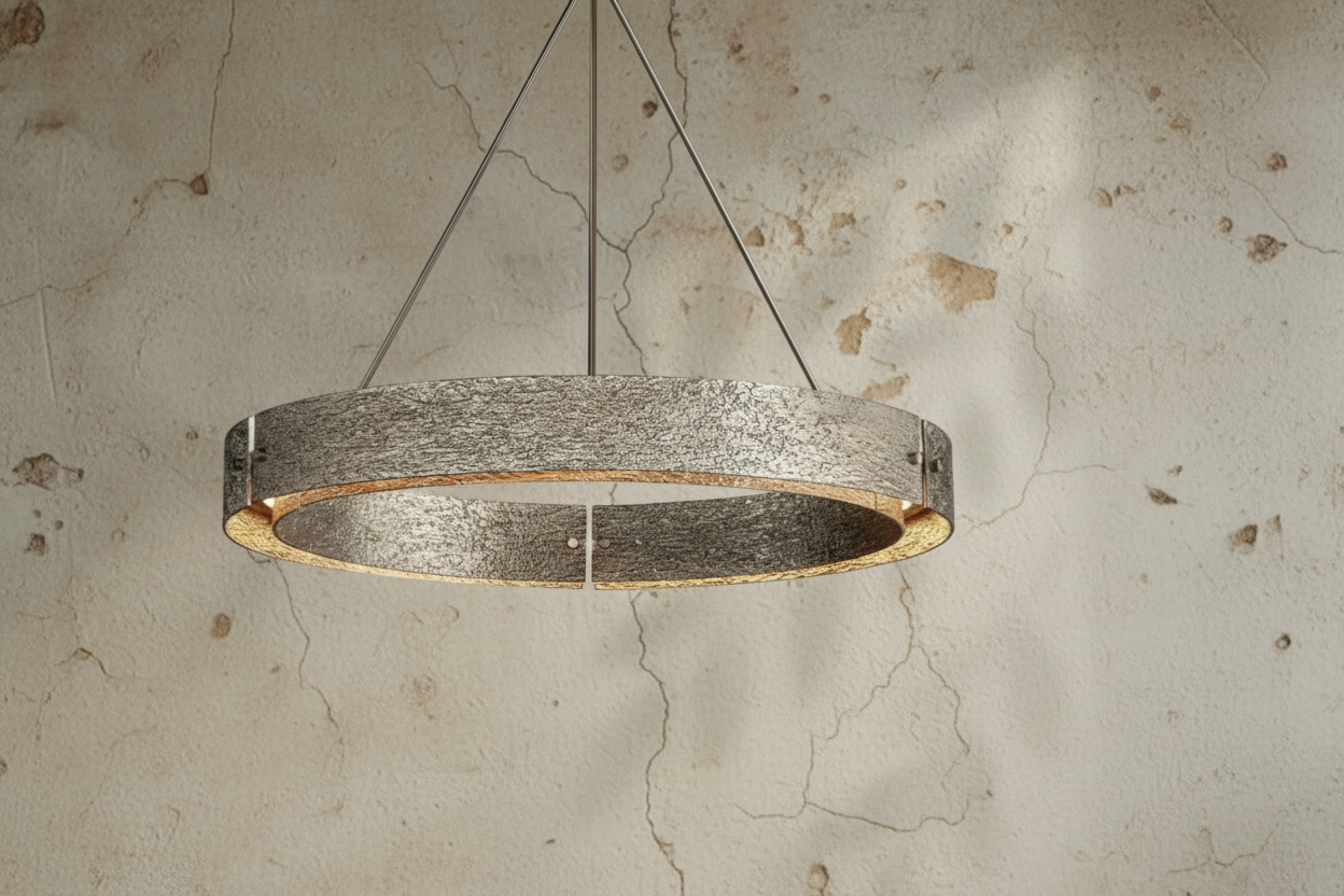 Solid Copper Round Chandelier | Brutalist Bark Texture | 92cm - 152cm Ring Light | Heavy Cast Metal | Casalola Lights