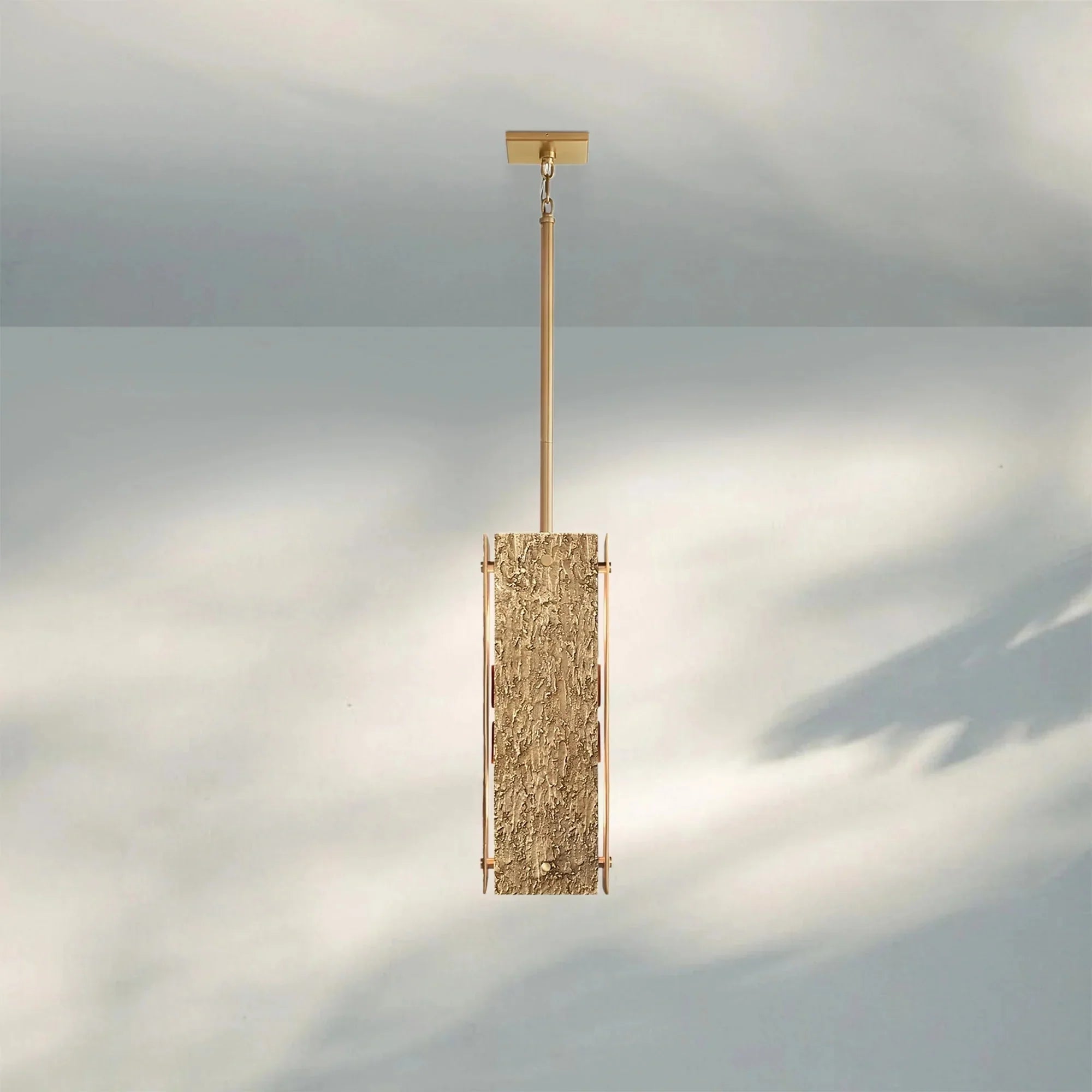 Solid Brass Brutalist Pendant Light | Wabi-sabi Organic Texture | 19’’ Rectangular Body | Custom Rod Heights | Casalola