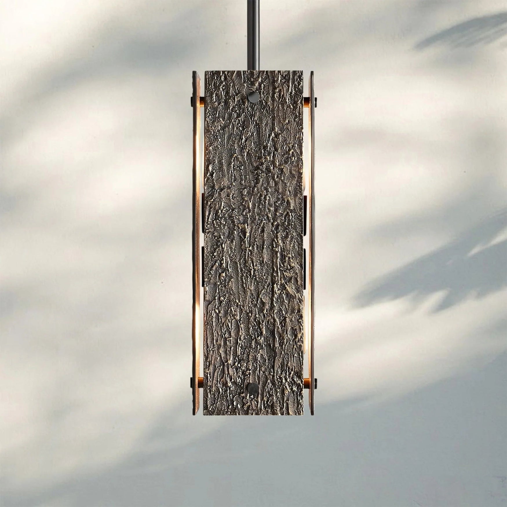 Solid Brass Brutalist Pendant Light | Wabi-sabi Organic Texture | 19’’ Rectangular Body | Custom Rod Heights | Casalola