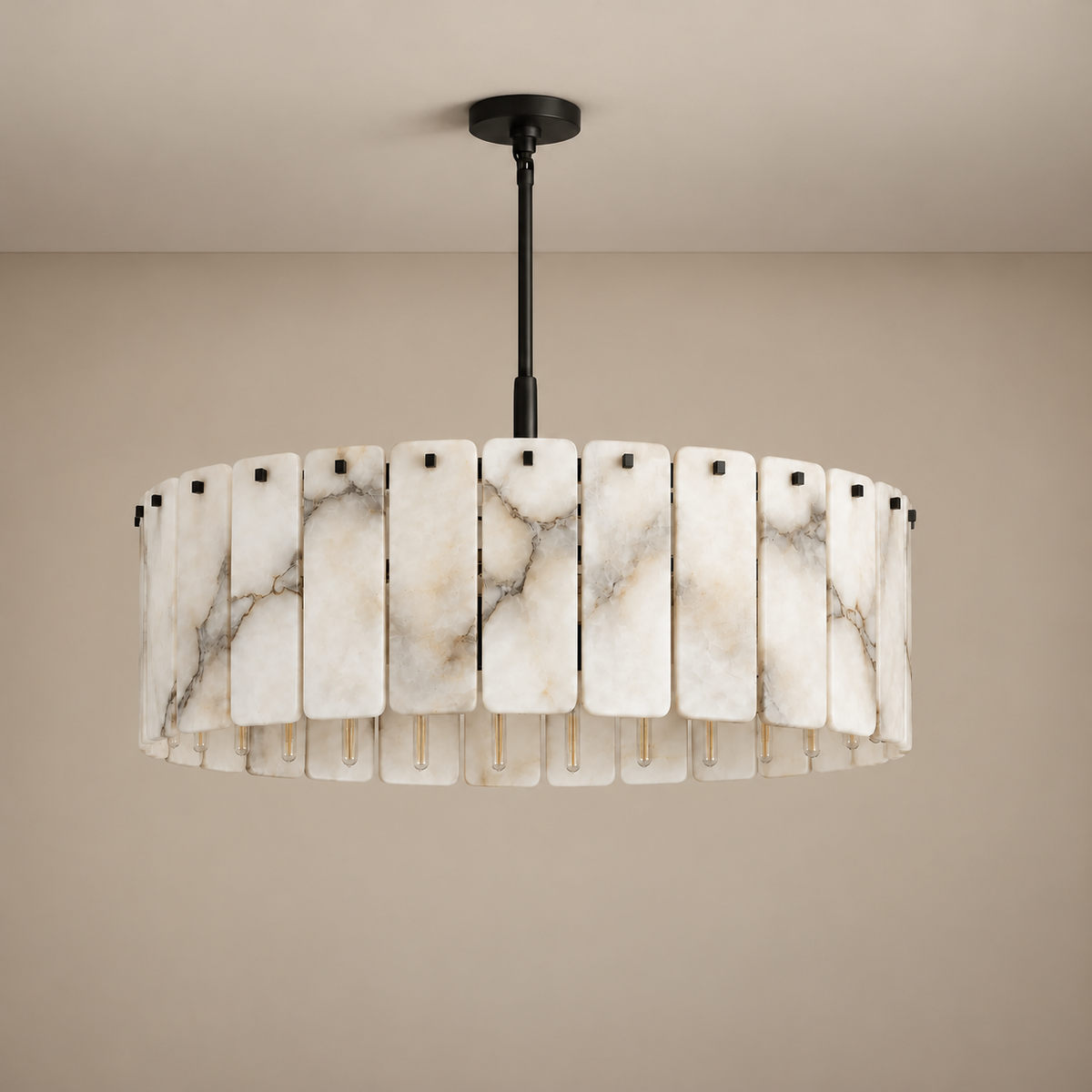 Matra black alabaster drum chandelier, unlit.
