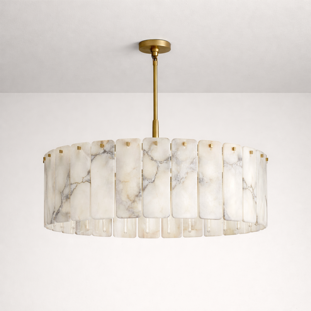 Solid Copper Round Chandelier | Natural Alabaster Panels | Real Stone & Bronze Finish | Casalola Lights Casalolalights