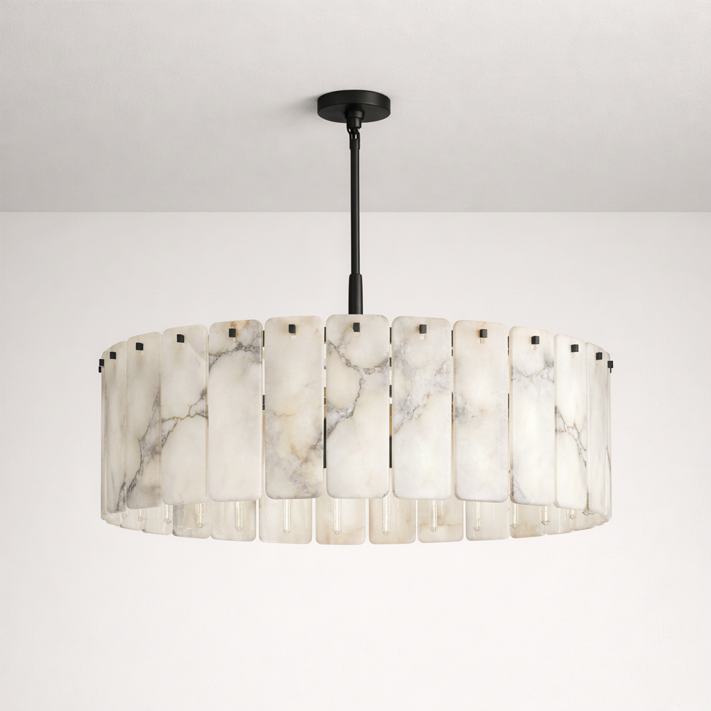 Solid Copper Round Chandelier | Natural Alabaster Panels | Real Stone & Bronze Finish | Casalola Lights Casalolalights